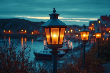 Dimly lit street with lanterns and peaceful reflections along a night-time harbor