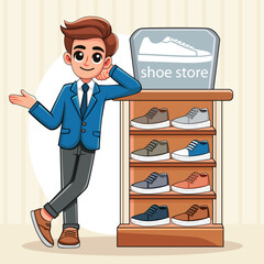 Customers are being shown a wide array of classic and athletic shoes by the salesperson inside the store. Pro Vector
