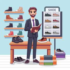 Customers are being shown a wide array of classic and athletic shoes by the salesperson inside the store. Pro Vector
