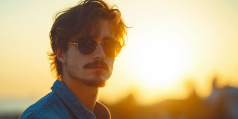 Fototapeta premium Young Man in Sunglasses at Sunset with Stylish Hair and Denim Jacket
