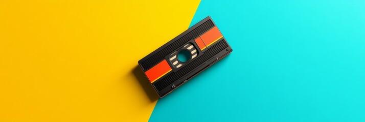 Vintage VHS Cassette on Yellow and Blue Background - A classic VHS cassette tape on a vibrant yellow and blue background, symbolizing nostalgia, retro technology, memories, and the transition from ana