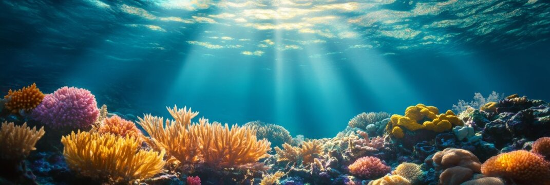 Vibrant Underwater Coral Reef with Sunbeams - A breathtaking underwater scene showcasing a vibrant coral reef with colorful corals, sunbeams piercing through the water, and a sense of serenity and bea