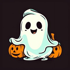 Obraz premium Cute ghost character with smiling face and jack-o'-lanterns on Halloween night