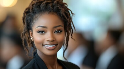 Obraz premium A bright and engaging young woman radiates confidence with a warm smile, showcasing her stylish curly hair in a lively workplace setting