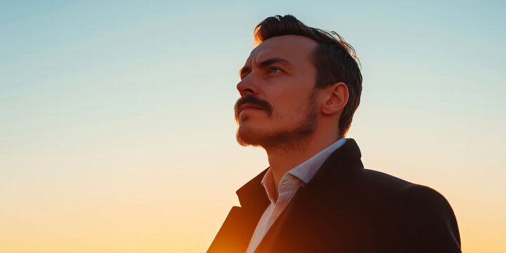 Determined Man in Overcoat Looking Towards Sunset Horizon