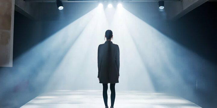 Silhouetted Woman Standing Under Bright Spotlights on Stage in Dramatic Lighting