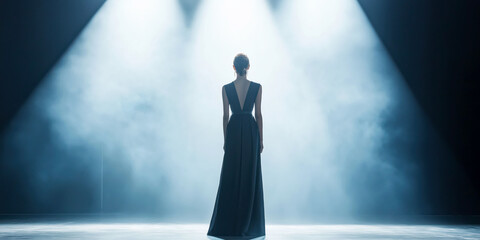Obraz premium Young Woman in Elegant Black Dress on Stage Under Dramatic Lighting
