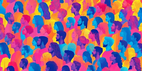 Colorful diverse people crowd abstract art seamless pattern. Multi-ethnic community, big cultural diversity group background illustration in bright, Generative AI