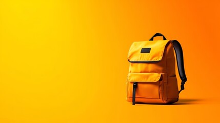 Yellow Backpack on Bright Orange Background - A vibrant yellow backpack stands out against a bright orange background, symbolizing education, travel, adventure, youth, and new beginnings.