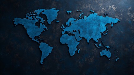Naklejka premium World Map on a Grunge Background - A 3D world map with textured blue finish, resting on a dark, textured surface, symbolizing global connections, exploration, and a sense of history.