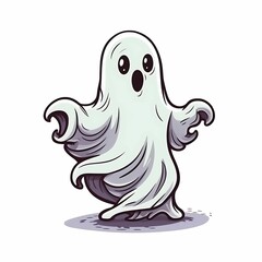 Cute cartoon ghost character with large eyes and flowing white sheet on a simple background