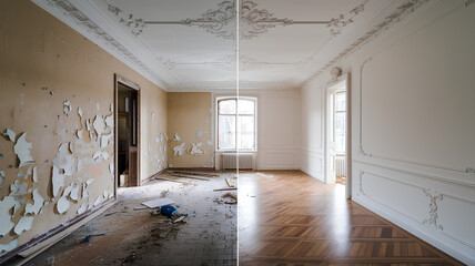 An empty room before and after restoration, image for interior, and home reconstruction company