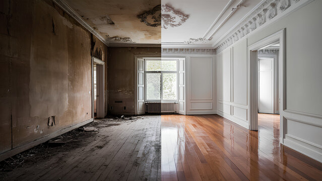 An empty room before and after restoration, image for interior, and home reconstruction company