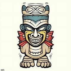 Colorful character representing a traditional tribal figure with intricate designs, set against a light background
