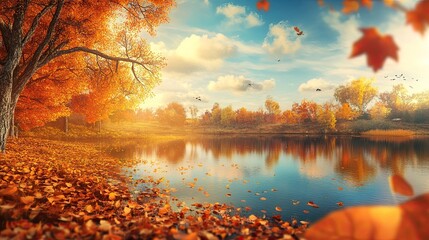Autumn scene, orange leaves, natural background-