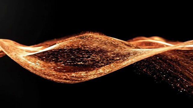 Abstract copper glitter wave flowing in the empty black space. Festive backdrop with floating ginger shimmer simulation for Christmas, Halloween presentation, party or promo clip.
