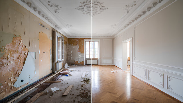 An empty room before and after restoration, image for interior, and home reconstruction company