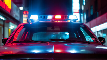 Police Car Siren lights driving on City Street Law Enforcment Traffic Control Security Guard Criminal Arrest Defense Nighttime Lighting