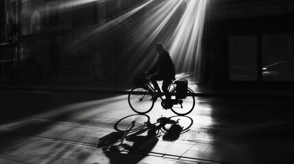 Obraz premium Silhouette of a cyclist riding down a city street, with dramatic light casting a shadow on the ground, creating a sense of motion.