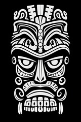 Detailed tribal mask design featuring intricate patterns and bold features on a dark background