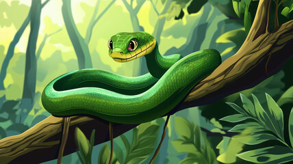 Green snake on tree branch in tropical forest. Cute reptile rest. Chinese new year symbol. Illustration of exotic flora and fauna, dangerous cartoon animal character