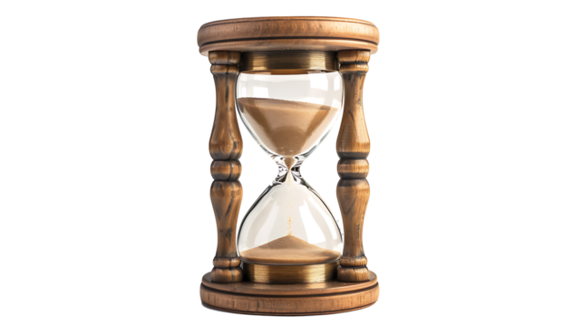 A classic hourglass with sand flowing through it isolated on withe background