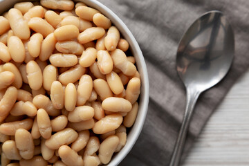 Canned White Cannellini Beans in a Bowl, top view.