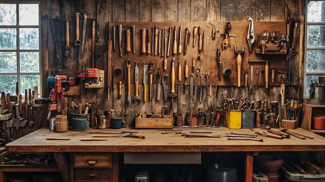 Tools and equipment used by a millwright arranged neatly on a workbench, showcasing a variety of instruments