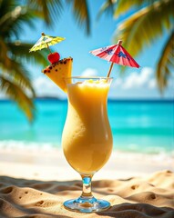 A creamy Pina Colada garnished with pineapple, cherry, and an umbrella, served in a hurricane glass on a sunlit beach with turquoise waters.