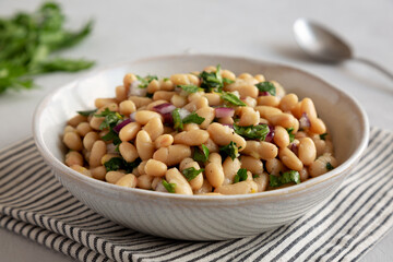 Homemade White Bean Salad with Herbs and Onion in a Bowl, side view. Close-up.