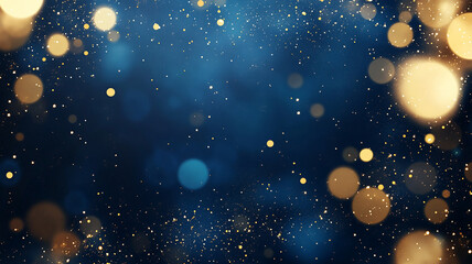 Blue background with scattered gold glitter and bokeh.