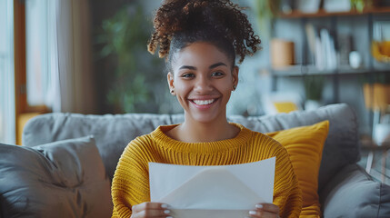A cheerful young lady reading a letter she received