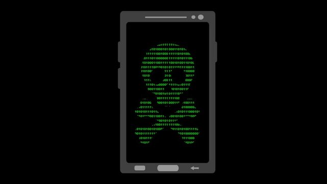 video animation skull with crossbones designed with binary code numbers, in concept hacked smartphone device. On a transparent background with alpha channel set to zero