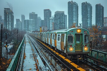 Obraz premium A train is traveling down a track in a city