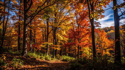 Fototapeta premium A vibrant autumn forest with trees displaying red, orange, and yellow Leaves