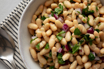 Homemade White Bean Salad with Herbs and Onion in a Bowl, top view. Flat lay, overhead, from above.