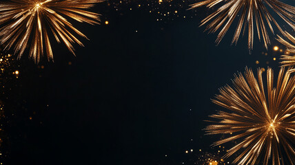 Gold fireworks on dark background with glitter.