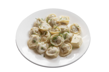 dumplings with butter on a white plate, classic Russian dumblings, Russian cuisine close up for banner