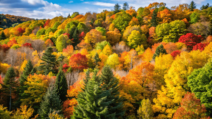 Fototapeta premium A vibrant autumn forest with trees displaying red, orange, and yellow Leaves