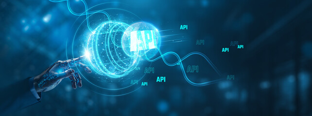 Businessman hand touching API global network. Integration and network connection on digital interface, automation, interoperability technology and innovation concept.