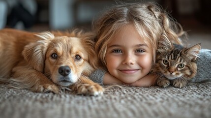 A young girl gently rests on a carpet while cuddling with her dog and kitten, showcasing the bond of friendship and warmth in a friendly household