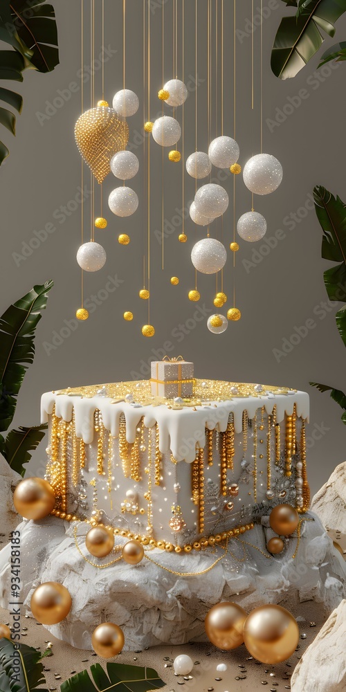 Poster golden christmas decoration with white balls on grey background