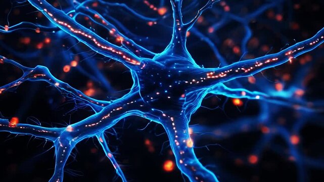 Glowing neural network pattern with pulsing light nodes on a deep blue background.
