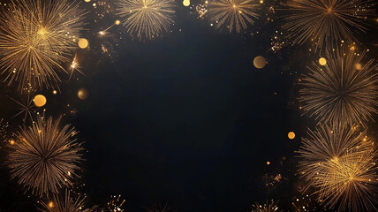 Gold fireworks on dark background with glitter.