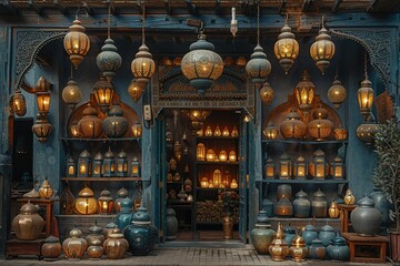 Obraz premium A store with many blue lanterns hanging from the ceiling