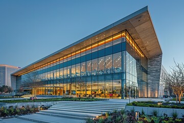 Obraz premium A large building with a glass facade and a green lawn