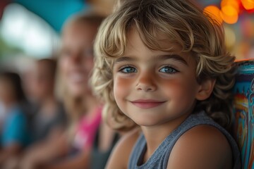 Joyful boy smiling at a carnival ride in the afternoon with colorful background lights and friends nearby