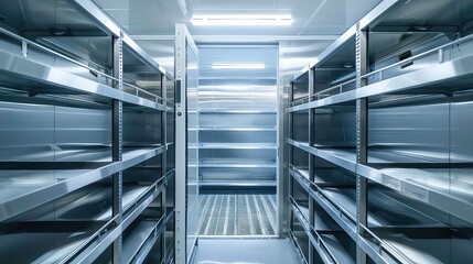 A long, narrow corridor lined with stainless steel shelves and a tiled floor. The shelves are empty. The walls are also stainless steel.
