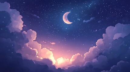 Starry Night with a Crescent Moon