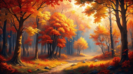 A vibrant autumn forest with trees displaying red, orange, and yellow Leaves